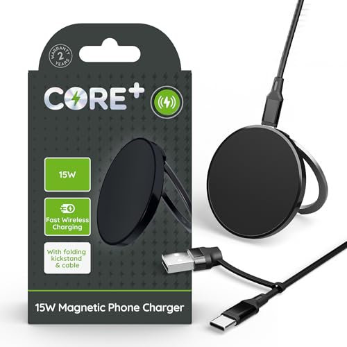 CORE+ | 15W Magnetic Phone Charger | Fast Wireless Charging | Folding Kickstand | Secure Magnetic Auto Alignment | Black