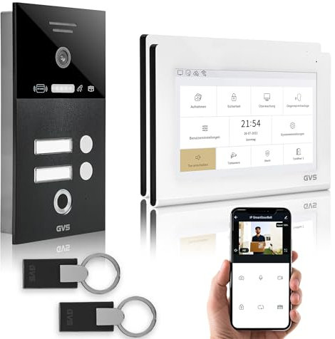 GVS - IP Video Türsprechanlage 2-Familienhaus mit Türöffner (RFID & Fingerprint), HD Kamera, 2X 7 Zoll Monitor & App - Smarte Video Türklingel mit Kamera & Gegensprechanlage (AVS4483U)