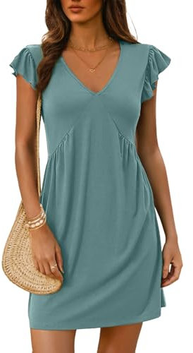 Dokotoo Vestido Mujer Verano Elegante Corte Imperio Pico Mangas con Volantes Fiesta Vestidos Color Liso Manga Corta Casual Mini Playeros Azul XL