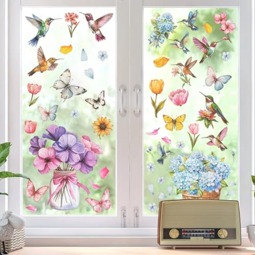 9 Blatt Fensterbilder Frühling, Doppelseitig Fensterdeko Fenstersticker Frühling mit Blumen Schmetterling, Anti-Kollision Fensterbilder Selbstklebend Ostern für Glas Kinderzimmer Badezimmer (B)
