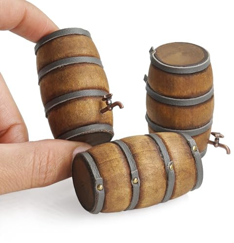 Odoria Puppenhaus Bier Fass Miniatur: 3Stk 1/12 Maßstab Weinfass für Garten Bauernhaus Bar Party - Mini Bierfass Holz Wein Alkohol Whisky - Winzig Trinken Oktoberfest Deko Vintage Retro DIY