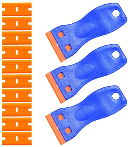 3Pcs Cleaning Plastic Scraper Tool with 10 Replacement Portable Plastic Blades Multipurpose Plastic Razor Scraper Kit for Car Stickers, Walls, Cleaning Labels and Decals from Glass, Windshields (Blue)