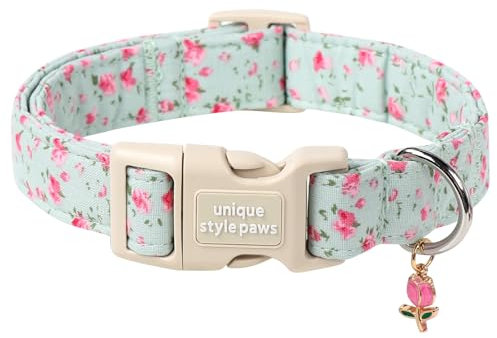 Unique style paws Dog Collar Quick Release Cotton Green Flowers Collar Gift Durable Cute Collar for Small Medium Large Boys Girls Dogs