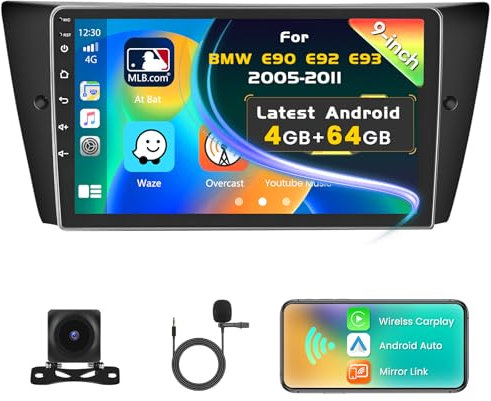 [4G+64G] Inefala Android Autoradio para BMW Series 3 E90 E91 E92 E93 2005-2013, 9 Pantalla Radio Coche Bluetooth con Carplay Inalámbrico Android Auto GPS WiFi RDS/FM SWC Cámara Trasera Mic