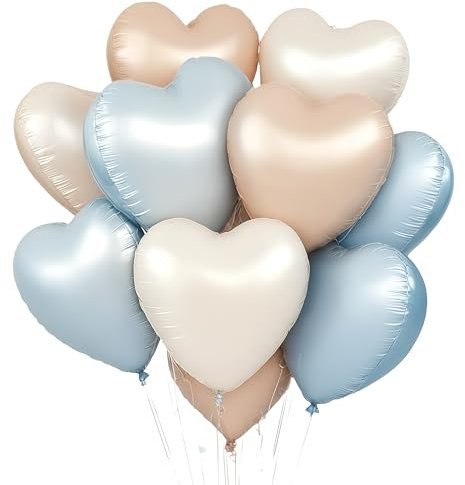 Ballon Coeur,12pcs Ballon Coeur Beige Bleu Hélium,Baudruche en Forme de Coeur pour la fête,Ballons Helium pour Anniversaire, Mariage, Fiançailles,Saint Valentin, Douche de bébé