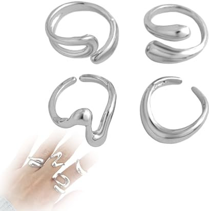 4 Stück Ringe Silber,Edelstahlringe Damen Modischer,Ring Verstellbar Fingerring,Irregulär Silber Ringe set,Ring Schmuck Stackable,Schicke Elegantes Silberring,für Hip Hop Vintage Punk des Damenring