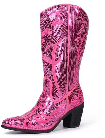 Hawkwell Stivali da cowboy da donna con paillettes, lunghezza al polpaccio, alla moda, con cerniera, punta a punta, ricamati, Paillettes fucsia, 42 EU