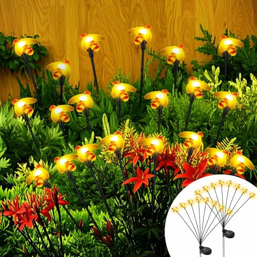 2 pcs Luces Solares LED Exterior Jardín Abejas, IP65 Impermeable Luces Solares Exterior, 60 LED Decoración Jardín Exteriors, Luz Solar Decorativa para Senda del Balcón Paisaje Iluminación