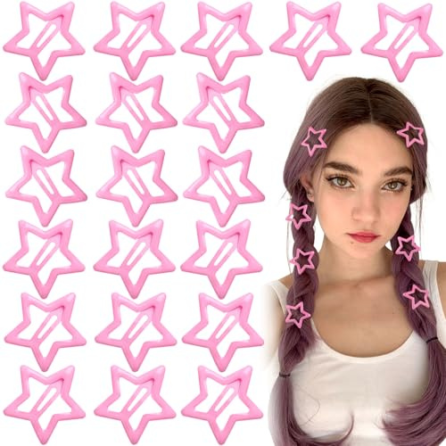 Joez Wonderful 20pcs Star Snap Hair Clips, 1.18x1.18in, Pink | Metal, Cute, Non-slip, Y2k 2000s, Fashion Star Hair Accessories for Women
