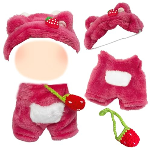 Bekleidung 17cm Plüsch, Kuscheltier Kleidung Outfit mit Erdbeerbär Haarband Rosa Jumpsuit Erdbeer Taschen DIY Pullover Hoodie Bekleidungs zubehör Kinder Geschenk Mädchen