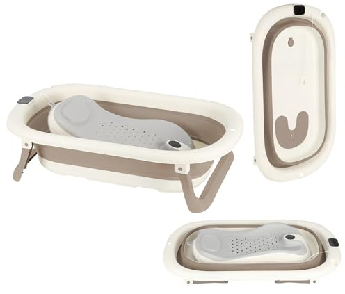 XUANYU Baignoire Pliable avec Transat de Douche, Thermometre Digital et Trou de Drainage Portable, Baignoire de Bain Autonome pour Nouveau-nés, Baignoires en Plastique PP+TPE (Kaki D)
