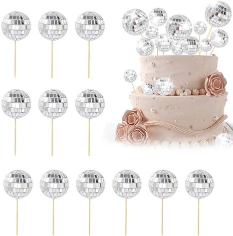 12PCS Disco Ball Cake Decorations with Bamboo Sticks, Disco Ball Cake Topper, Mini Disco Balls, Disco Cake Decorations for Disco Theme Party Supplies, Cake Dessert Toppers(Silver)