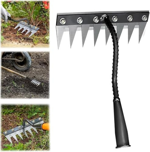 YJWZ 2025 Rastrello da giardino multiuso per erba artificiale, diserbo e raccolta delle foglie. Rastrello in ferro ad alta resistenza per giardinaggio e diserbo. (8 denti)