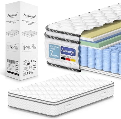 Arensberger Viktoria Matratze 100x200 cm | Federkernmatratze mit dynamischen Härtegrad (H2 H3 H4) und integriertem Topper | ergonomische Höhe 25cm | Taschenfederkern | 100x200cm Rollmatratze