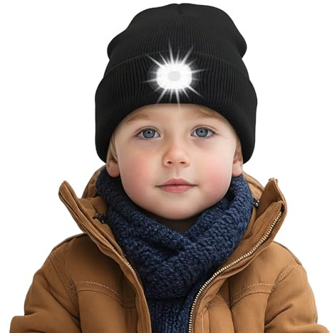 AONYIYI LED Mütze mit Licht für Kinder USB Aufladbar,6 Superhelle LEDs mit 3 Lichtmodi, Bequeme Strickmütze für Jungen Mädchen Winter Outdoor,Schwarz