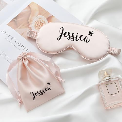 Miguha Personalisierte Augenmaske for Schlafen, Individuelle Schlafmaske aus Seide for Frauen, Personalisierte Namen Satinmasken Brautjungfern Brautparty Geschenk(Meat Pink)