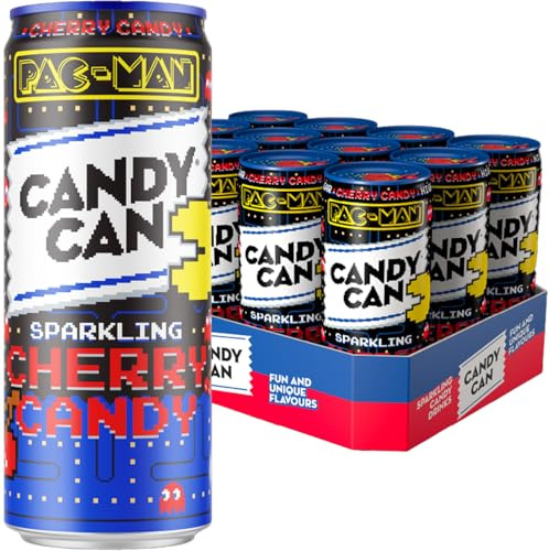 Candy Can, Pac Man Cherry Candy, Fizzy Drink, Nostalgic American Soda Flavours, Low Calorie, Sparkling Pop Cans (330ml x 12 Pack)