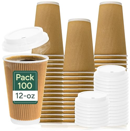 Zuvo - 100 x 12oz Disposable Coffee Cups with Lids | Triple Wall Ripple Kraft Paper | Brown Insulated To-Go | Durable, Leakproof Takeaway for Hot & Cold Drinks