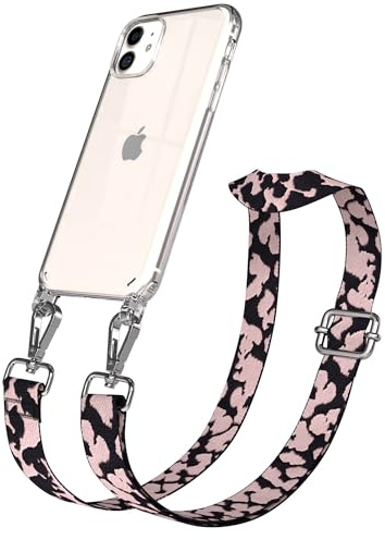 EAZY CASE Handykette - Verstellbares Taschenband kompatibel mit iPhone 11, Schulterriemen, Handykordel mit Silikon Hülle, Umhängetasche, Rosa Camouflage Silber