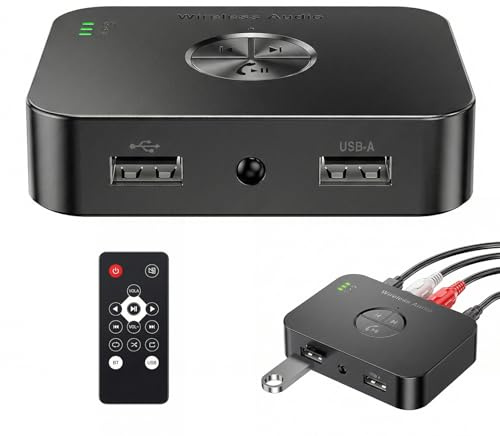 Adaptador Bluetooth 6.0 Estéreo: Transmisor Bluetooth Receptor, con 3.5mm Aux RCA USB Jack, Adaptador Audio Inalámbrico, para Estéreo, Teléfono, Altavoz, Pc, Tableta, Portátil