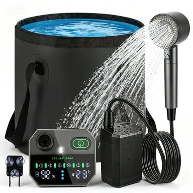 Portable Shower for Camping, 12000mAh Rechargeable Camping Shower Pump with Digital Display IPX8 Waterproof, 6 Adjustable Water Flow Outdoor Shower Kit with Foldable Bucket for Pet Bath Car Wash