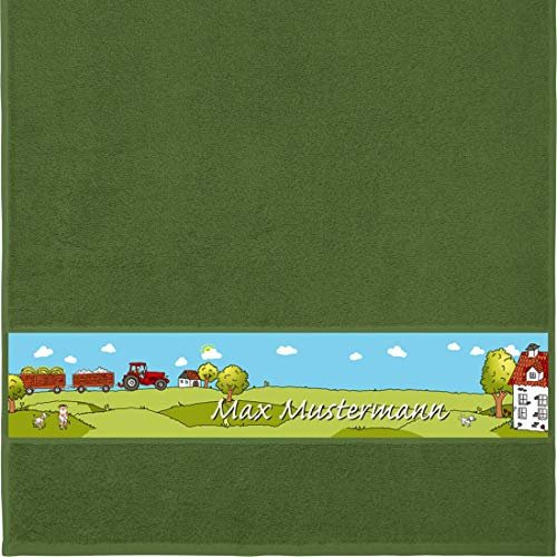 Manutextur Handtuch mit Namen - Motiv Kinder - Bauernhof - viele Farben & Motive - personalisiert - dunkelgrün - Größe 50x100 cm - persönliches Geschenk