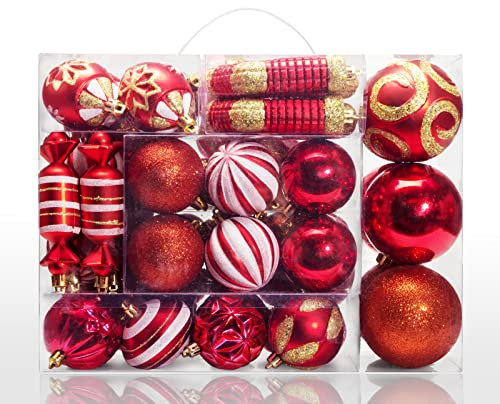 AMS 81 Karat Weihnachtskugel-Set, sortiert, bruchsicher, mit wiederverwendbaren Geschenk-Boxen, ideal für Weihnachten, Urlaub und Party (81 Karat, rot)