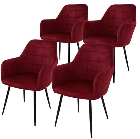 ECD Germany 4er Set Esszimmerstühle mit Rücken- und Armlehnen, Bordeaux, Küchenstühle mit Samtbezug, Polsterstühle mit Metallbeinen, Ergonomische Stühle für Esstisch, Wohnzimmerstühle Esszimmerstuhl