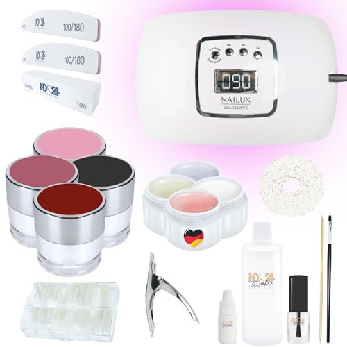 ND24 NailDesign® Gelnägel Set - Amarena Cherry Nägel Selber Machen Starterset mit Shellac - All-in-One Nails Set mit Haftgel, Aufbaugel, Frenchgel, Versiegelungsgel, UV-Lampe - Polygel Starter Set