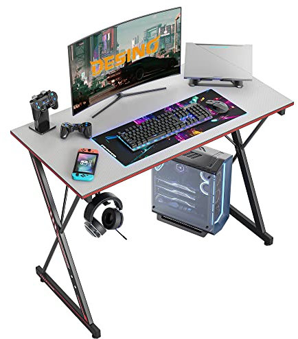 DESINO Gaming Schreibtisch, 80 x 50 cm Ergonomischer Computertisch, Tisch mit Kohlefaseroberfläche, stabiles Kopfhörerhaken zum Spielen, Lernen, Zuhause, Schlafzimmer, Grau