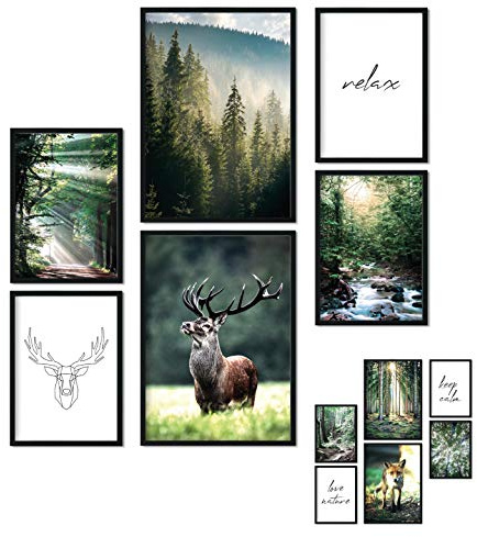 bilderreich Poster 6er Set Beidseitige Bilder - Stilvolle Home Deko für Schlafzimmer und Wohnzimmer | Poster Vintage Set Wald A4 | A5