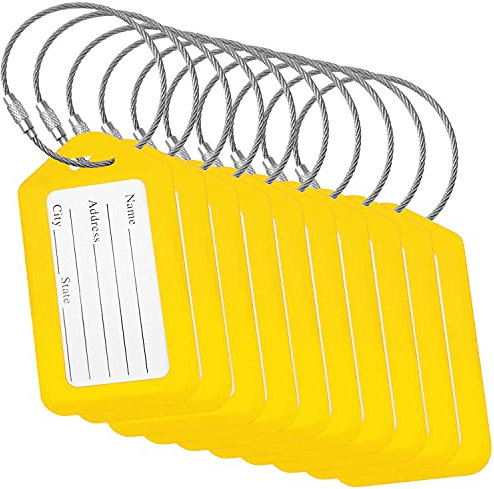 Etichette per Bagagli BlueCosto (Grande, Giallo, 10 Pezzi) - Etichette per Valigie da Viaggio con Scheda di Identificazione del Nome e Anelli in Metallo Resistente
