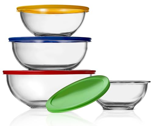 NutriChef Set 4 Ciotole Cucina in Vetro con Coperchi Ermetici 1 L‑3,5 L, Insalatiera per Insalata e Verdure, Contenitori per Alimenti, Sicure per Cucina, Conservazione e Servire