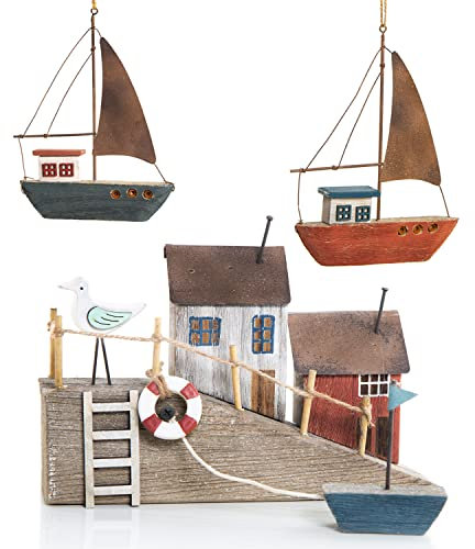 Logbuch-Verlag maritimes Deko Set Häuser am Meer + 2 Segelboote zum Aufhängen Holzdeko für Badezimmer Ferienwohnung Hotel