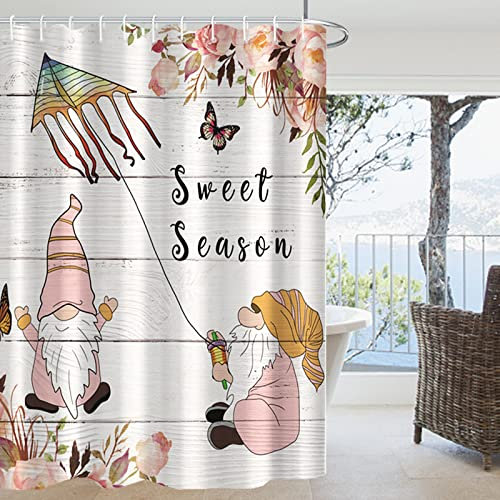 Bovlleetd Sweet Season Rideau de Douche Floral GNOME Volant Cerf-Volant Printemps Paysage Salle de Bains Rideau Romantique Papillon Fleur Bain Art Décoratif Rideau Baignoire Rideau 152x183cm
