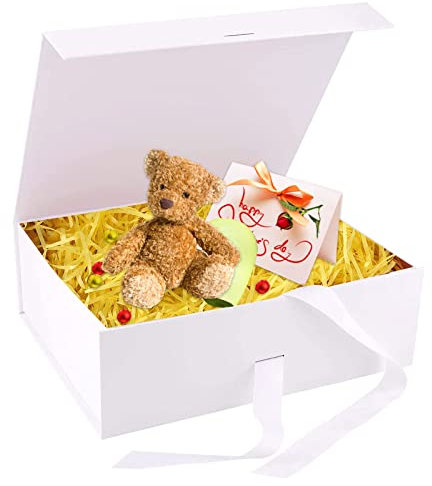 Geschenkbox mit Schleife (21x17x7cm), Magnetische Geschenkkarton Geschenkschachtel, Geschenkverpackung Box mit Band Groß Dekorative Box, Magnetische Wiederverwendbare Geschenkbox mit Deckel(Weiß)