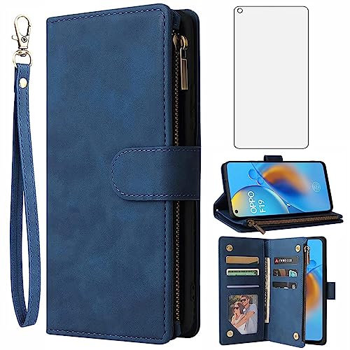 Asuwish Handyhülle für Oppo A74 4G/F19 CPH2219 Hülle mit Folie Schutzfolie und Kartenfach Klappbar Leder Geldbörse Ständer Reißverschluss A 74 74A F19S A95 Handy Hüllen Schutzhülle Phone Case Blau