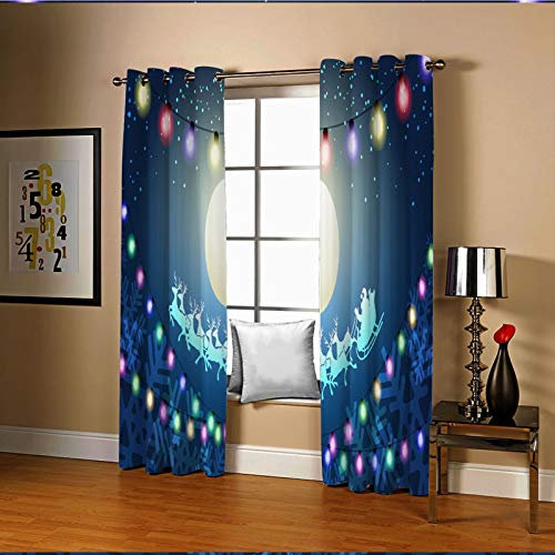AMDXD Fenstervorhänge Schlafzimmer, Santa Claus Elch Schlitten Schneeflocke Neonlicht Ösenschal Blau Vorhänge mit Motiv für Dekoration Kinderzimmer Wohnzimmer Schlafzimmer, 214x274CM (B x H)