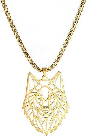 EUEAVAN Skelett Wolf Anhänger Halskette Klassische Tierkopf Elemente Wald Wald Natur Charme Schmuck Edelstahl Schmuck Geschenk für Jungen Männer Mädchen (Gold)