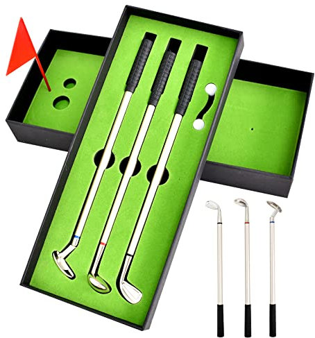 Colexy Golf Stifte Set, 3 Golfschläger Kugelschreiber Mini Desktop Golfball mit schwarzer Geschenkbox, Golfgeschenk Geschenkidee für Golfer Fans Golf Club Damen Herren Golfgeschenkartikel