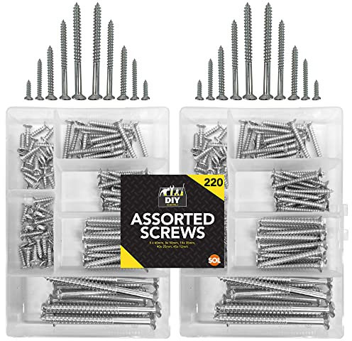 SOL 220pk Assorted Screws - Countersunk Screw Set for DIY & Repairs - Mixed Steel Self-Tapping Flat Head Screws with Storage Box