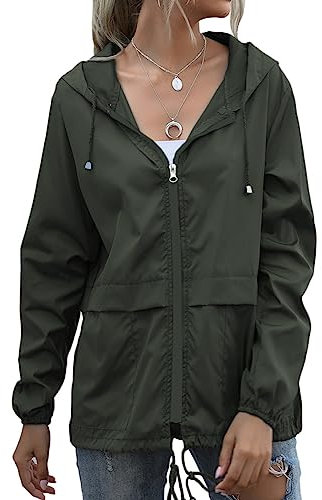 Veste de pluie légère et imperméable pour femme - Respirante - Pliable - Coupe-vent - Veste softshell avec poches, Vert armée, XL