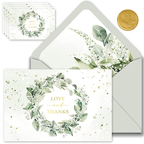 Gooji Greenery Lot de 20 cartes de remerciement en feuille d'or de 10 x 15 cm Enveloppes blanches assorties avec patte autocollante, Assortiment assorti, Fête d'anniversaire, fête prénatale, mariages