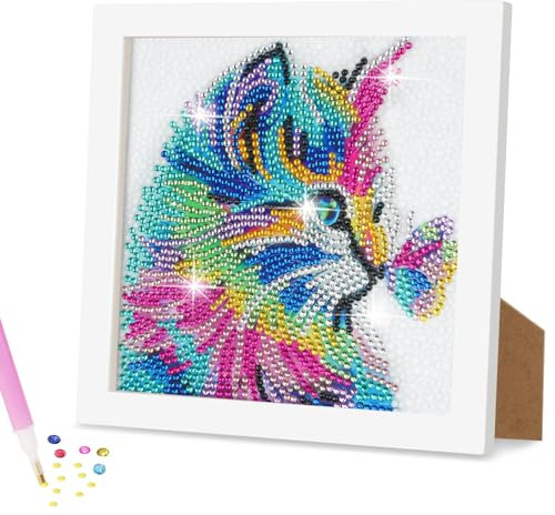 AUAUY 5D DIY Diamond Painting Kit Completo, Cuadros Diamantes 5d con Marco de Madera, Diamond Painting para Niños y Adultos Principiantes, Regalos de Cumpleaños para Niños y Niñas(Gato)