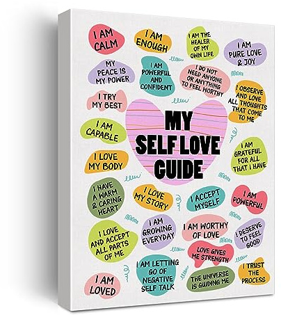 Inspirierendes Poster auf Leinwand für Heimdekoration – Positive tägliche Bestätigungen My Self Love Guide, Leinwanddruck, Wandkunst, Malerei, fertig zum Aufhängen, Geschenke, Staffelei und Haken
