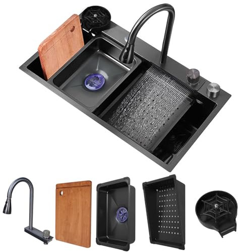 Dnkelar Évier de Cuisine Cascade Raindance Évier Cuisine en Acier Inoxydable,évier carré noir,avec robinet rétractable,Évier De Cuvette De Cascade D'intelligence