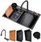 Dnkelar Évier de Cuisine Cascade Raindance Évier Cuisine en Acier Inoxydable，évier carré noir,avec robinet rétractable，Évier De Cuvette De Cascade D'intelligence