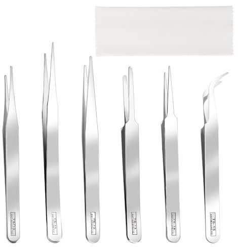 YIXISI 6 PCS Precision Tweezer Set, Professional Fine Tip Stainless Steel Tweezers, Industrial Tweezers, with Microfiber Cloths, for Craft, Electronics, Soldering, Experimental Work, Silver