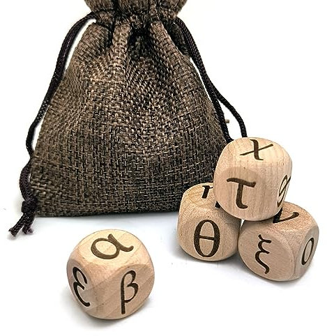 Set di dadi in legno con lettere greche intagliate, 24 cubi intagliati, per insegnare al gioco delle feste