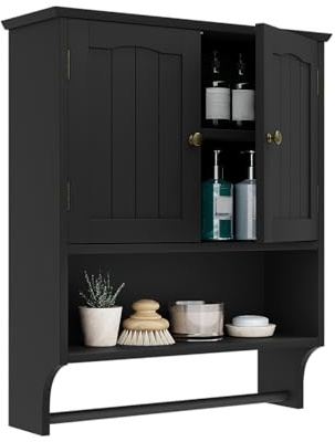 Smuxee Armoire Pharmacie Salle de Bain Murale Noire avec Porte-Serviettes - Meuble de Toilette 2 Portes à Étagères Réglables - Range-Toilette Suspendu pour Buanderie et Cuisine